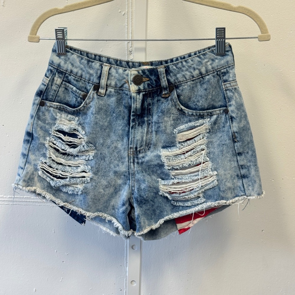Refuge Patriotic Acid Wash Distressed American Flag Denim Shorts Blue Sz 0 Star